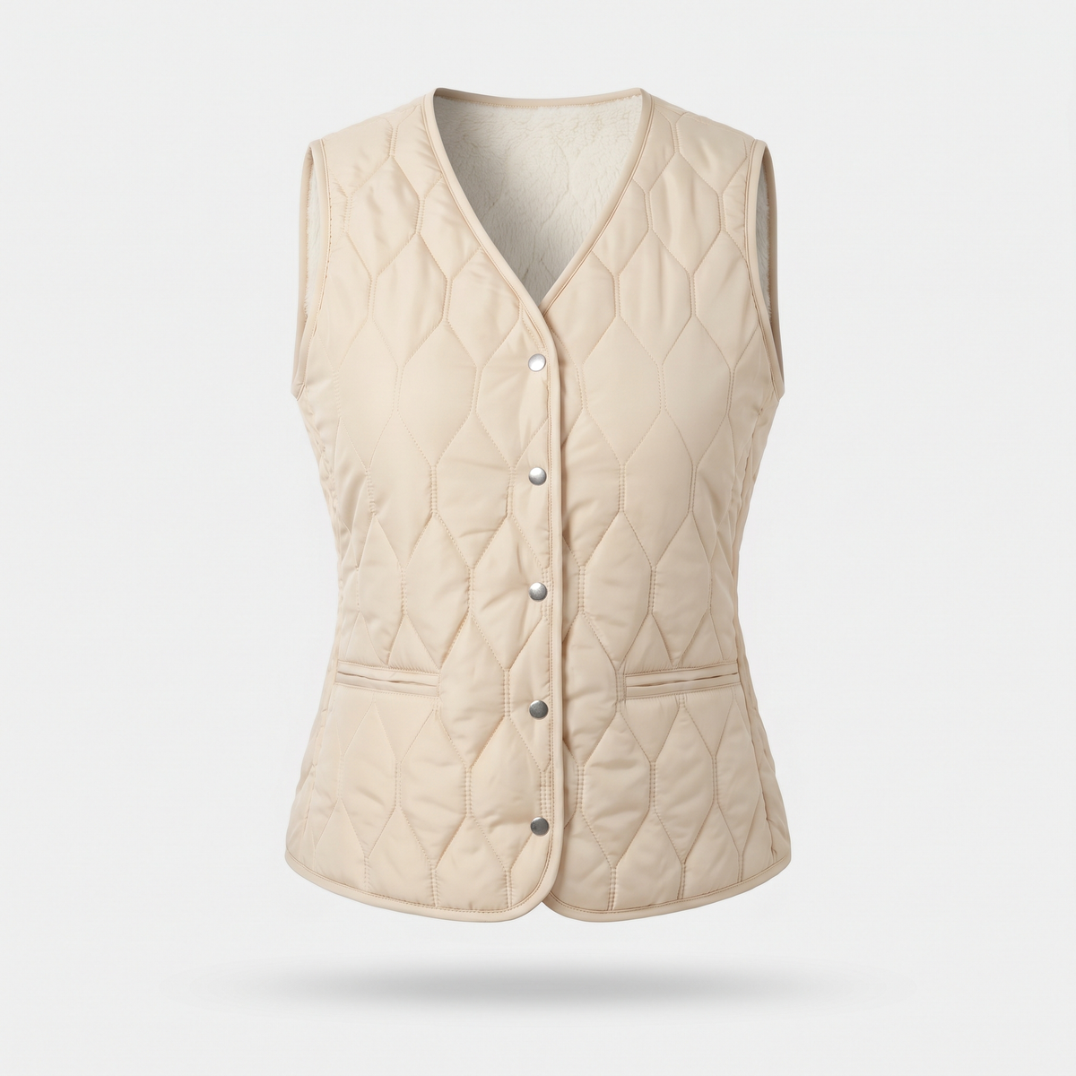Women's quilted gilet in Cream, fleece lined V-neck front with metal poppers and hip pockets