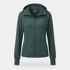Women's zip-up sun hoodie in dark green, front view on an invisible mannequin