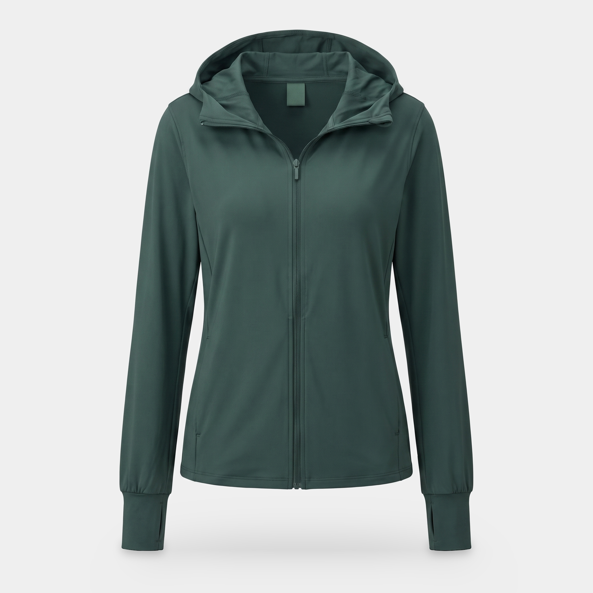 Women's zip-up sun hoodie in dark green, front view on an invisible mannequin