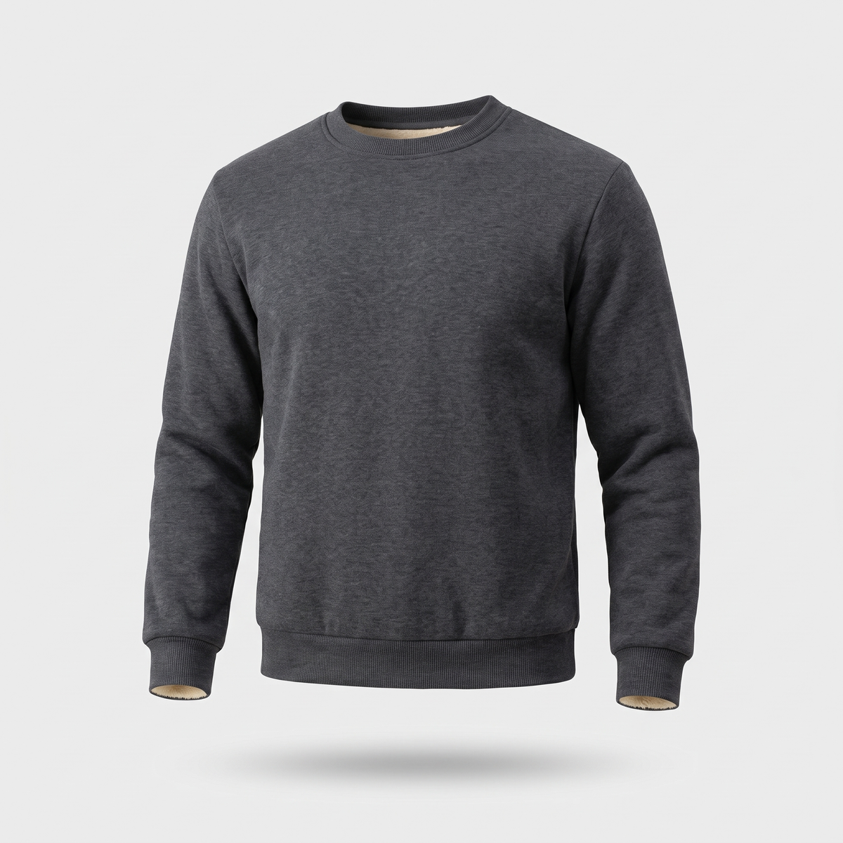 Men's crew neck sherpa jumper in dark gray - front view ghost mannequin