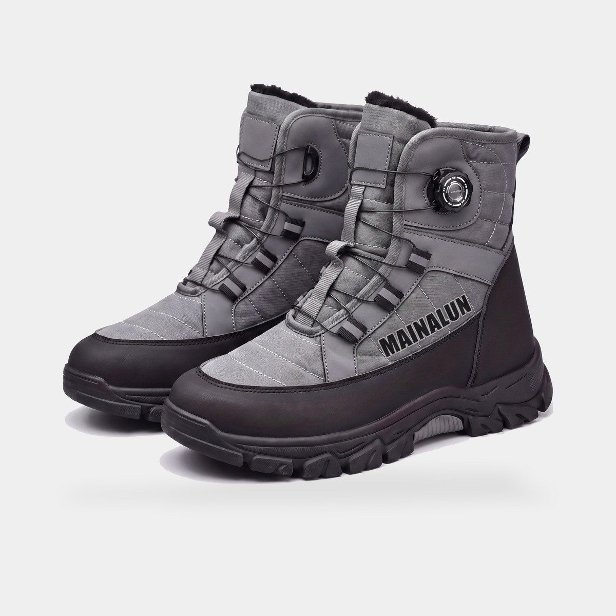 Dark Grey MAINALUN snow boots with rotary dial fastening, pair, three-quarter front view