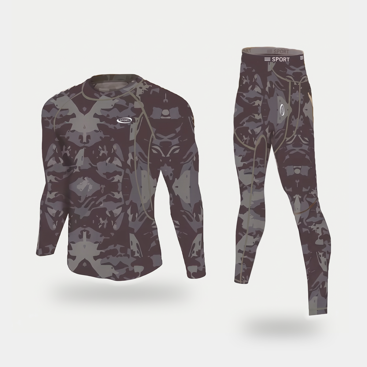 Men's leggings and long sleeve top set in Grey Camouflage, crew neck base layer top and full-length leggings with a SPORT logo waistband