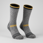 Grey thermal ski socks with mustard cuff stripe, front view