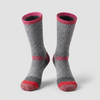 Grey thermal ski socks with red cuff, heel and toe, front view