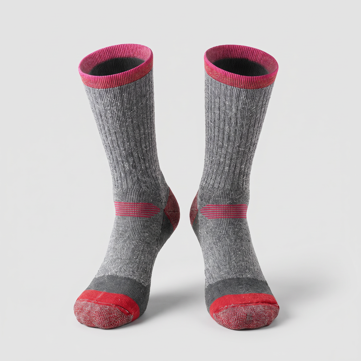 Grey thermal ski socks with red cuff, heel and toe, front view