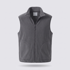 Men's fleece vest in charcoal with dark contrast binding, front view