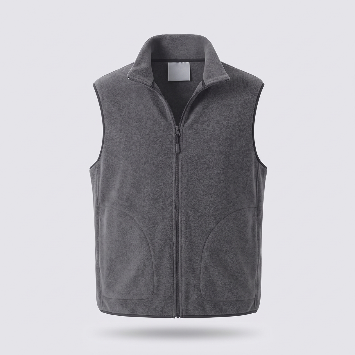 Men's fleece vest in charcoal with dark contrast binding, front view