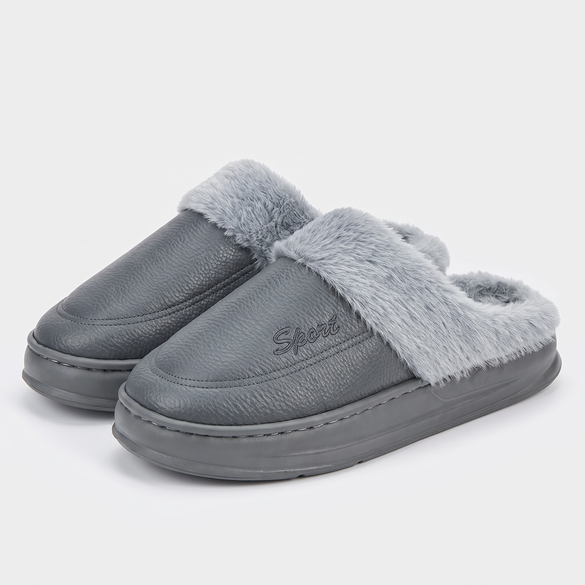 Men's slipper clogs in Grey with faux-fur collar and thick platform sole