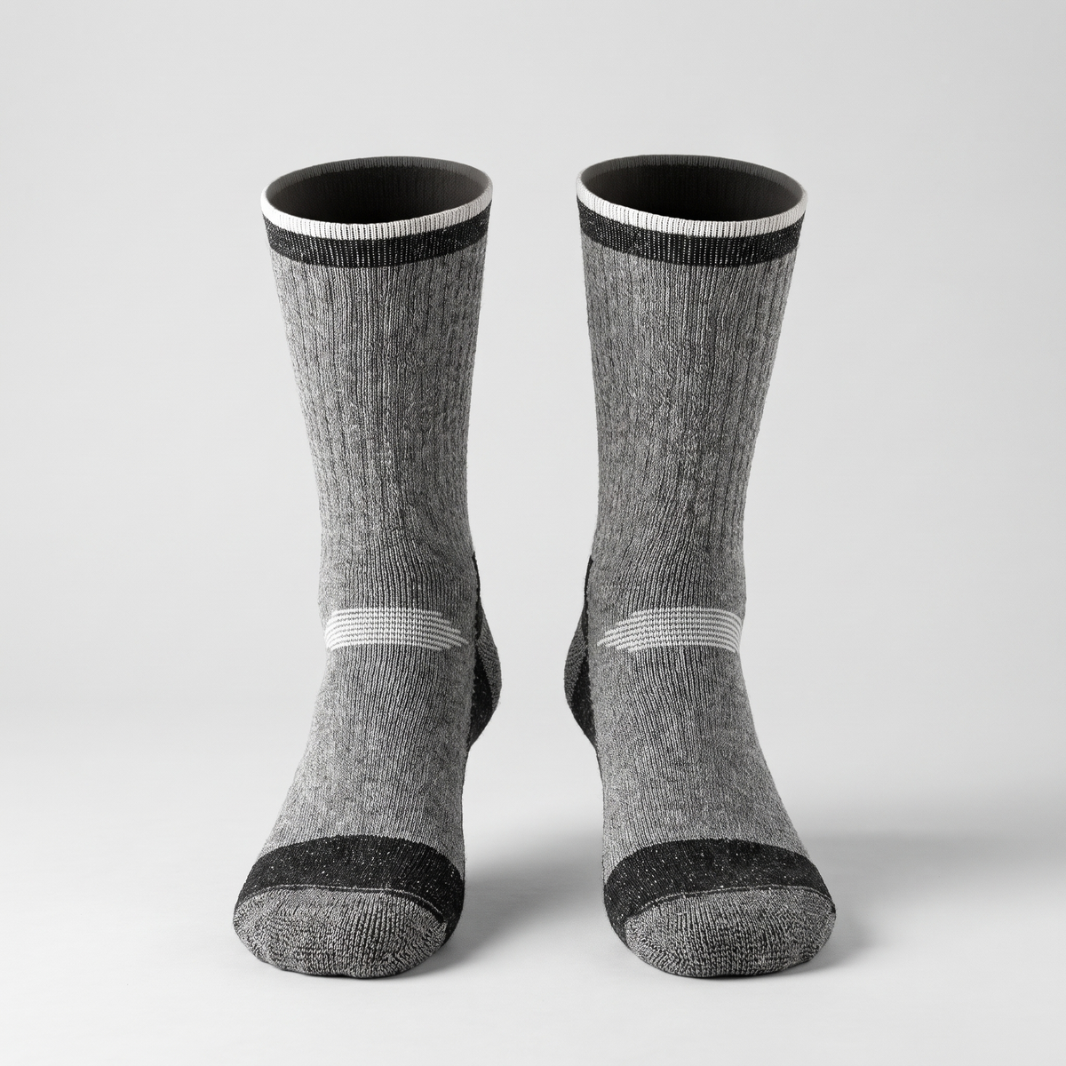 Grey and white thermal ski socks with white cuff stripe, front view