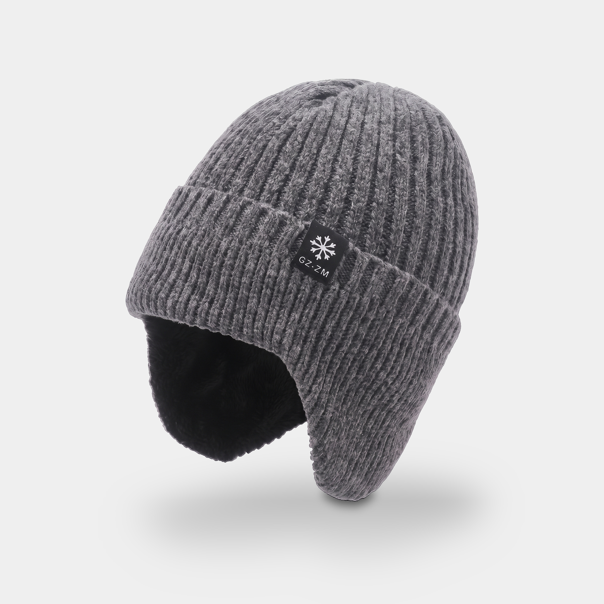 Men's winter hat in grey, knitted rib with turn-up cuff and ear flaps, fleece lined