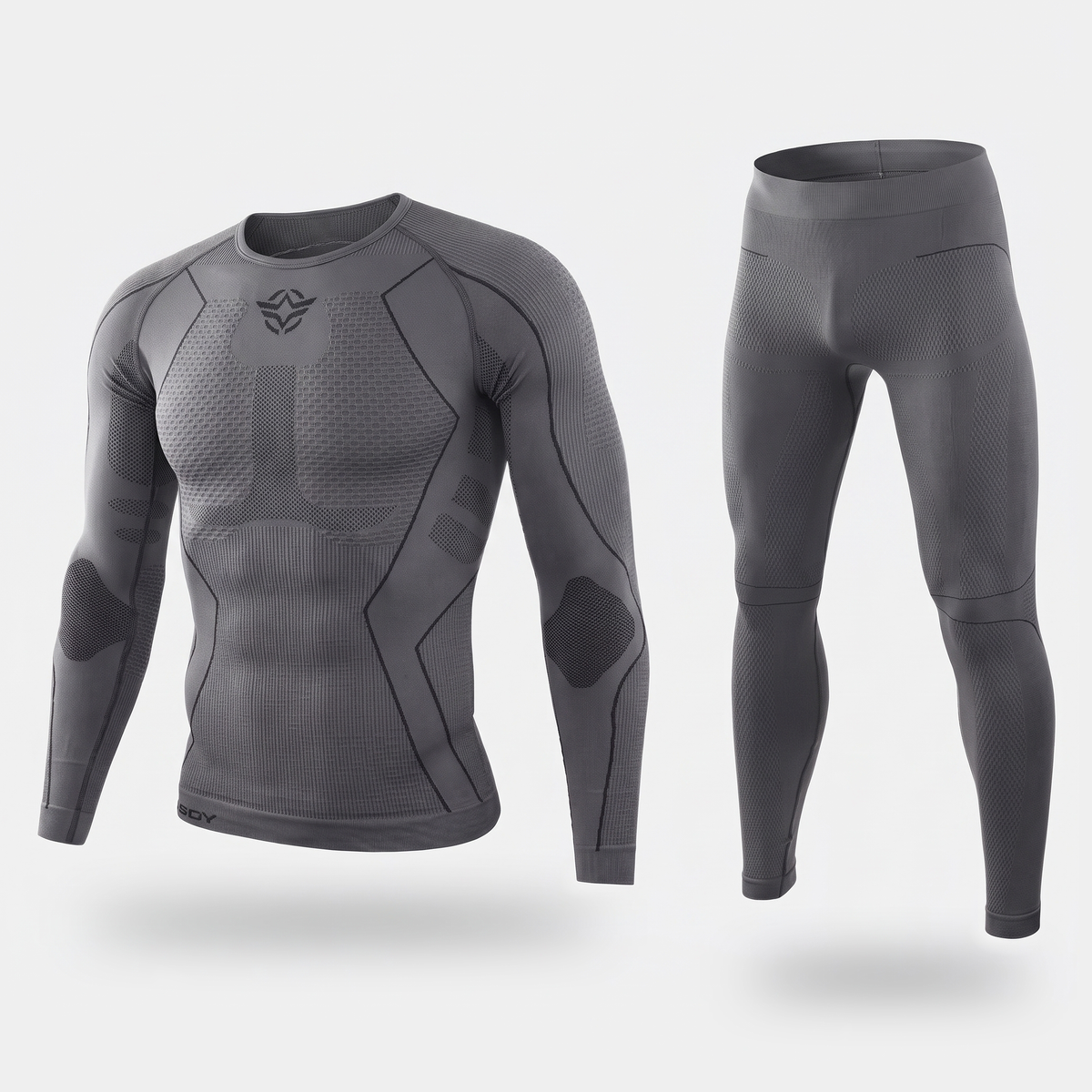 Men's ski base layer set in Grey, honeycomb knit long sleeve top and full-length leggings