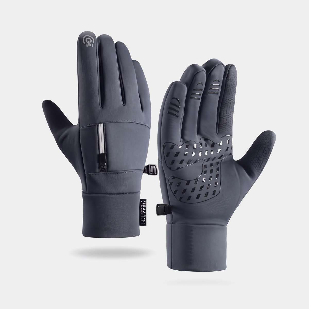 Running gloves in Graphite Grey, back with zip pocket and palm with silicone grip