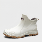 Beige ankle wellies, short slip-on wellington boots with a lugged sole