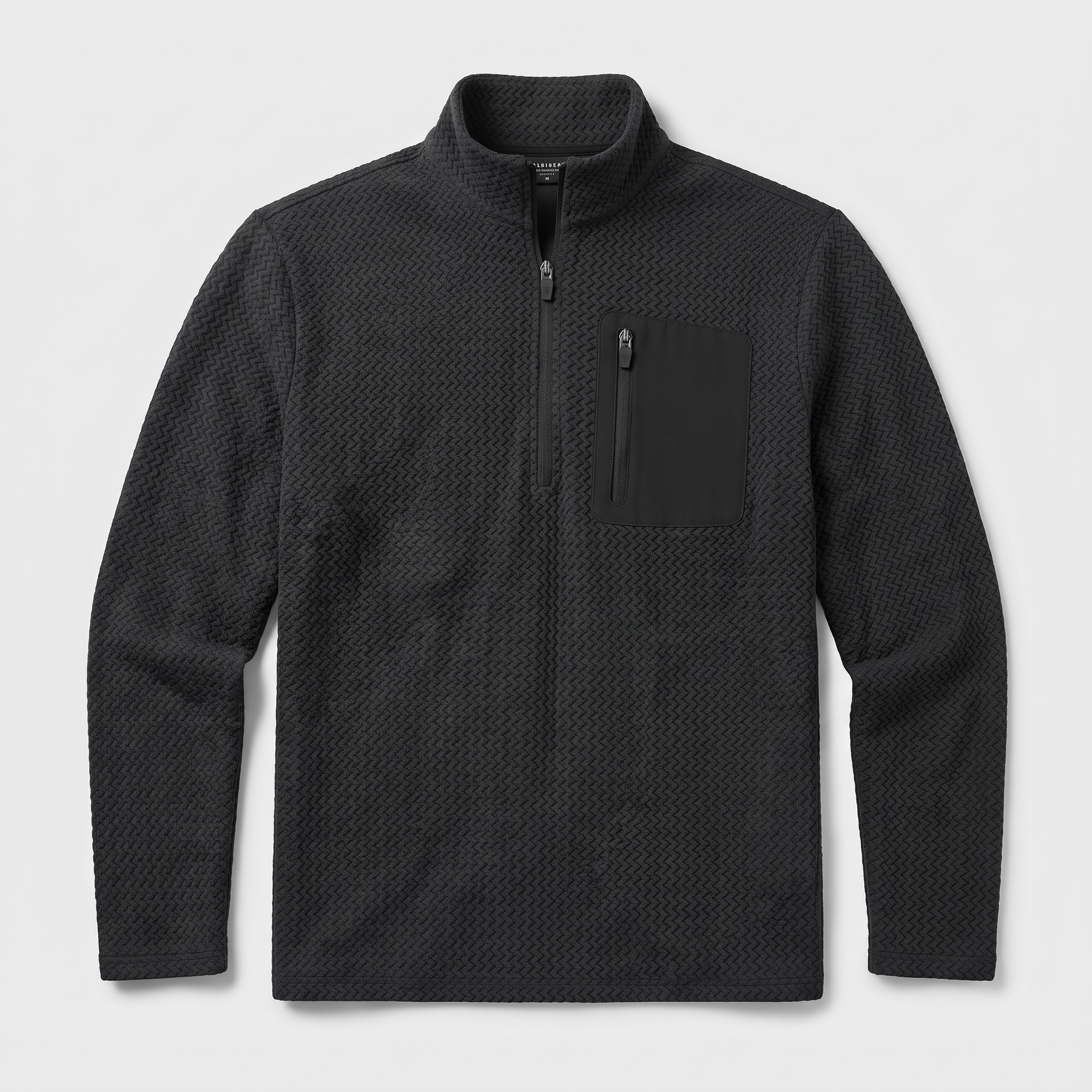 Black men's quarter zip fleece with textured knit and zip chest pocket