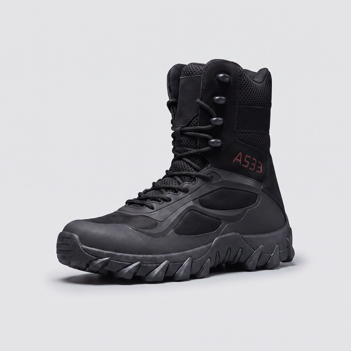 Black men's walking boots with a side zip and lugged rubber sole