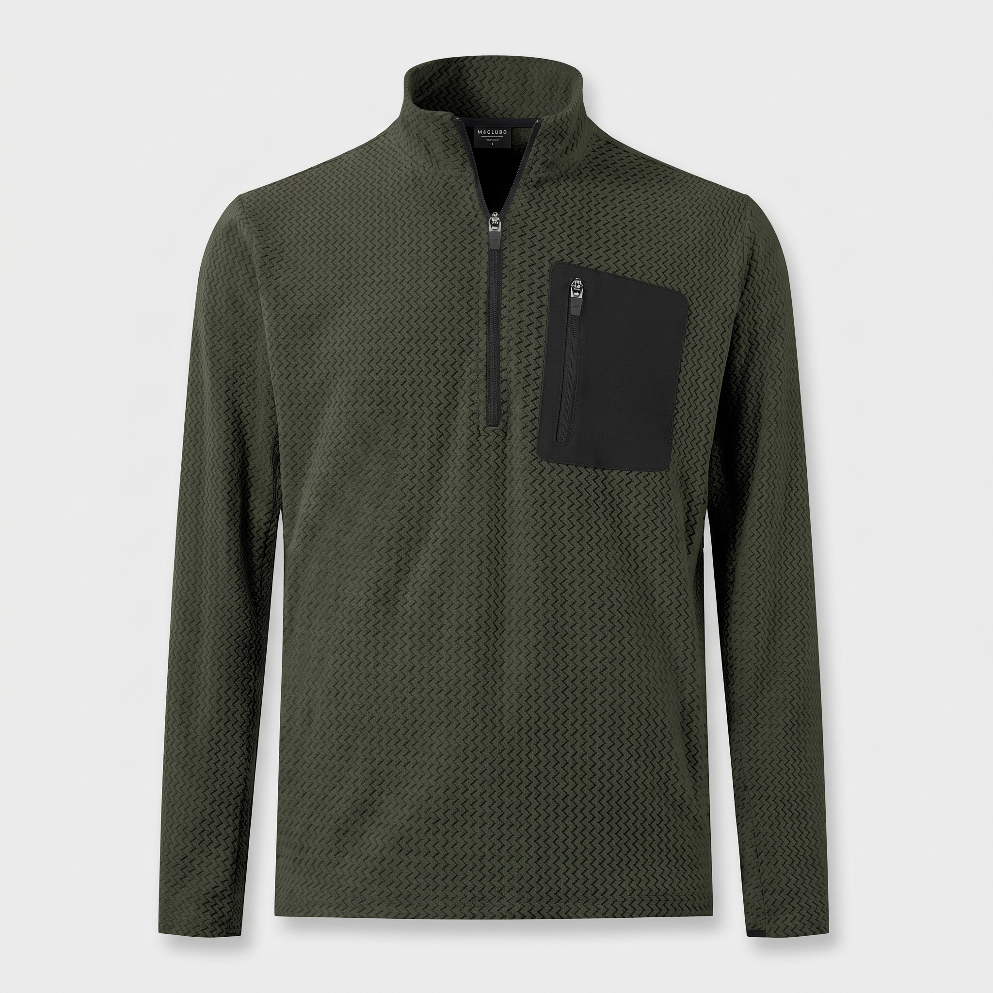 Forest green men's quarter zip fleece with textured knit and zip chest pocket