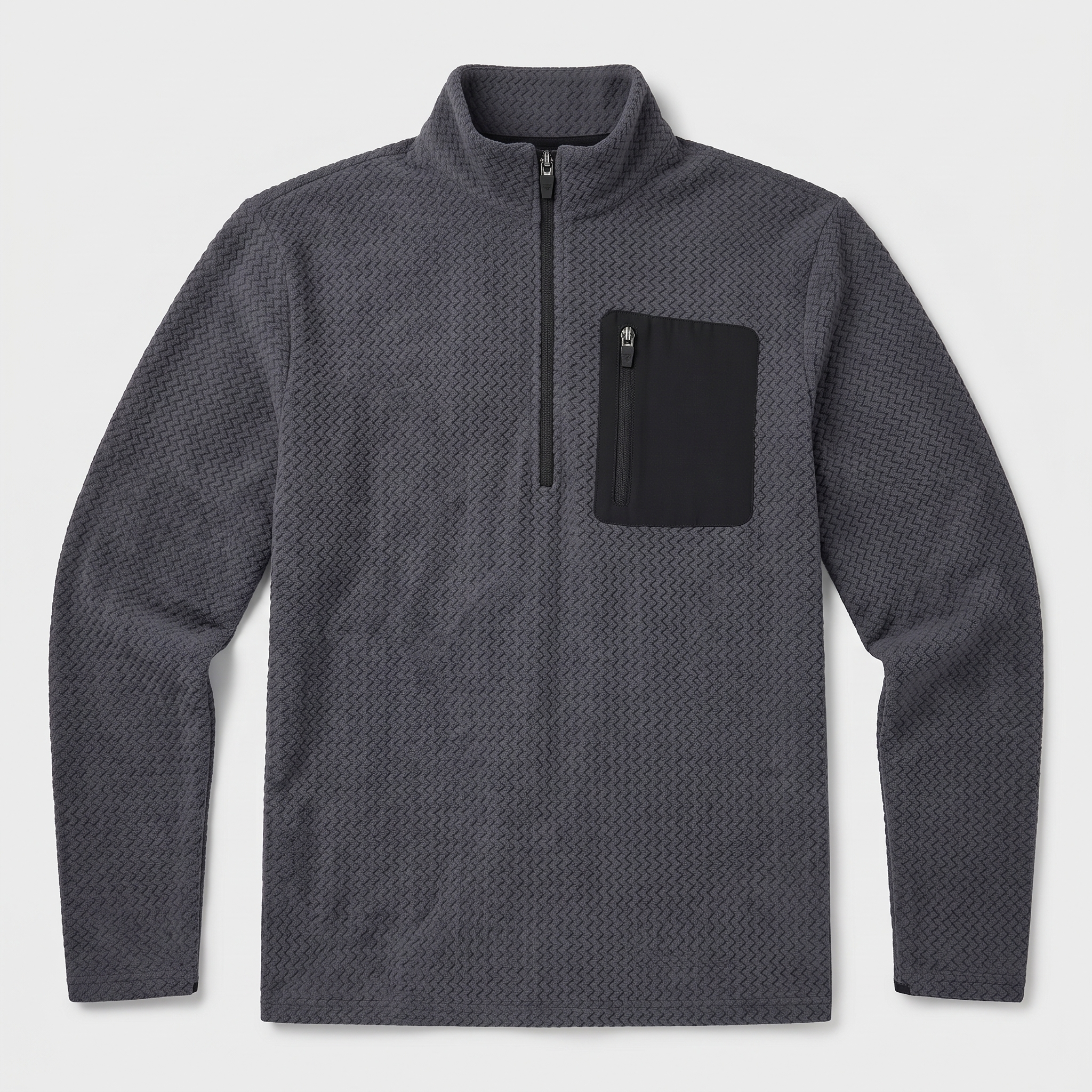 Grey men's quarter zip fleece with textured knit and zip chest pocket