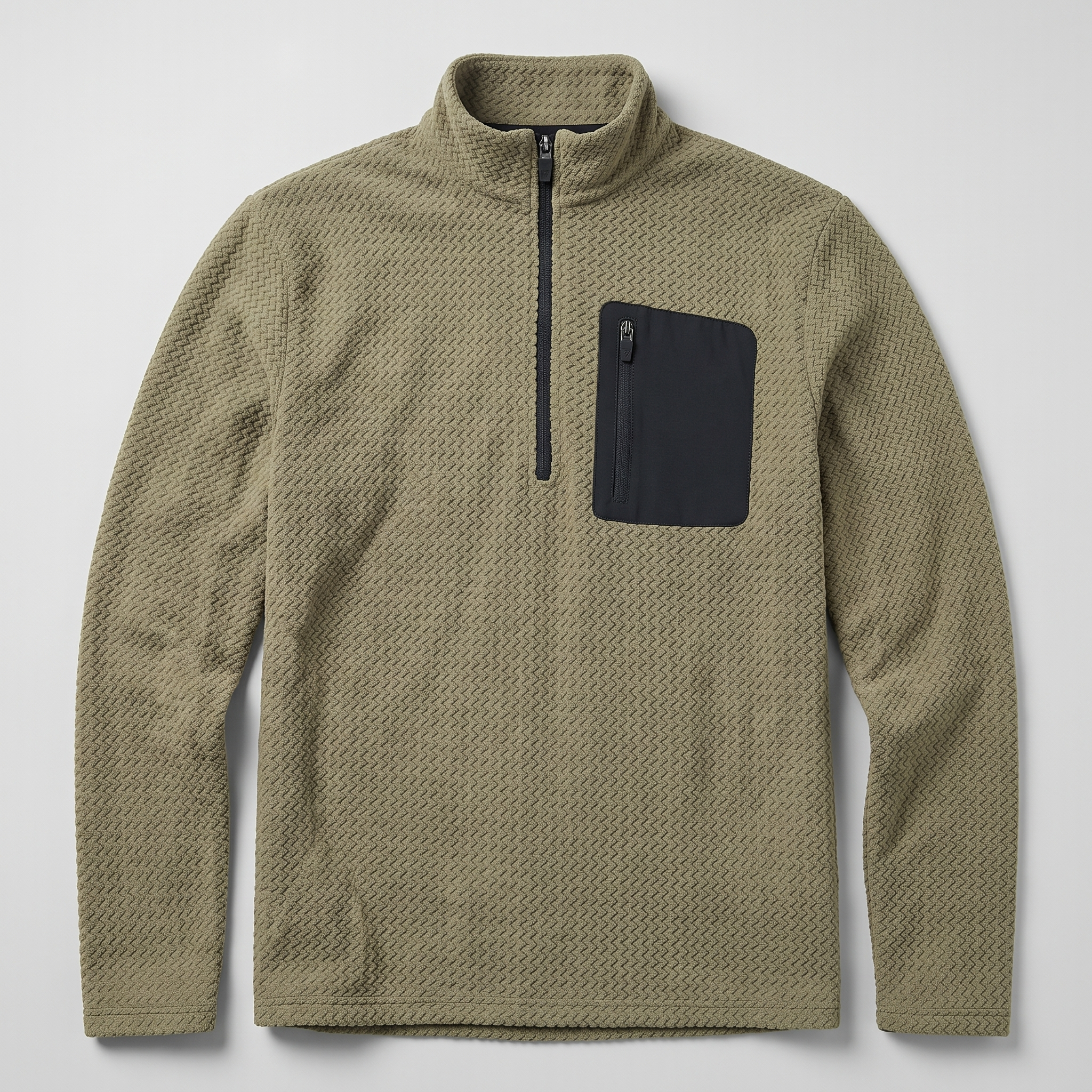 Khaki men's quarter zip fleece with textured knit and zip chest pocket