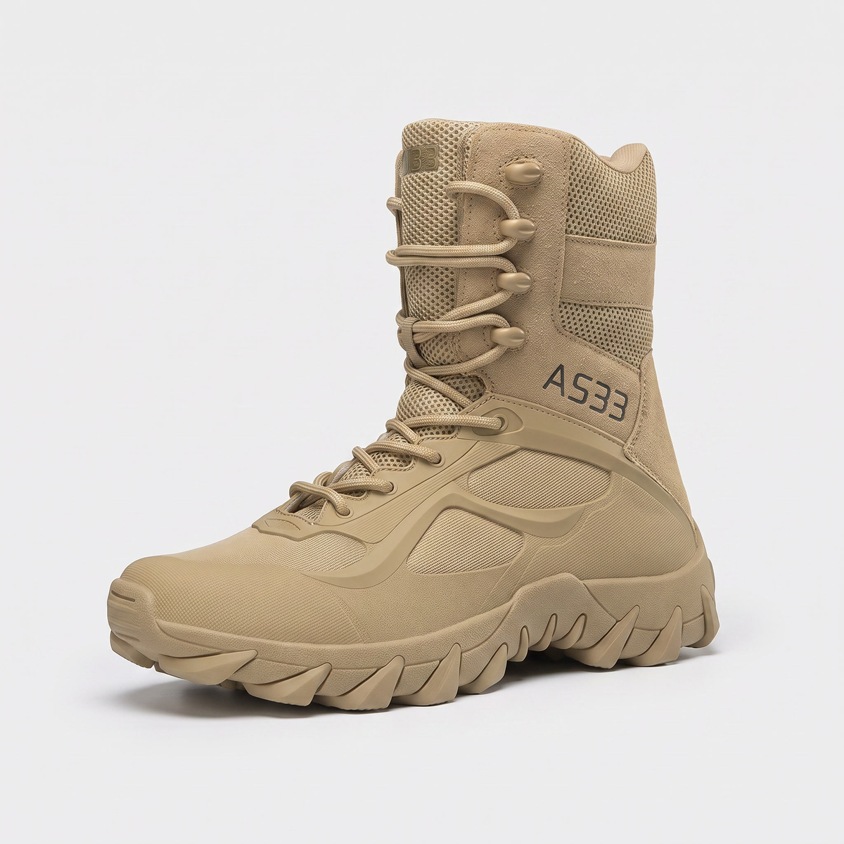 Khaki men's walking boots with a side zip and lugged rubber sole