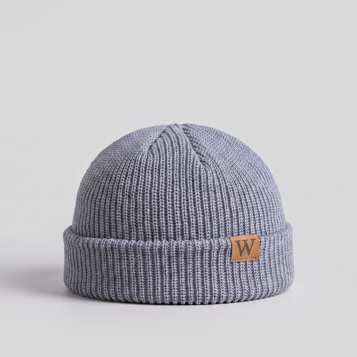 Light grey ribbed fisherman beanie with a turned cuff