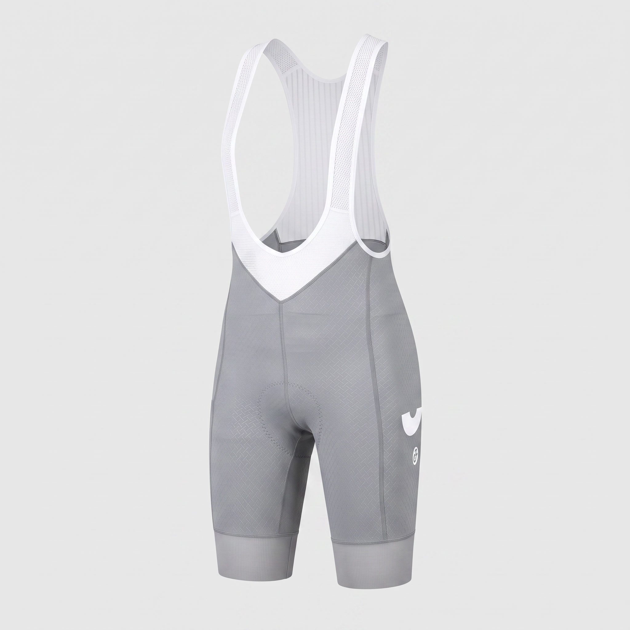 Light grey women's cycling bib shorts with chamois pad and leg grippers