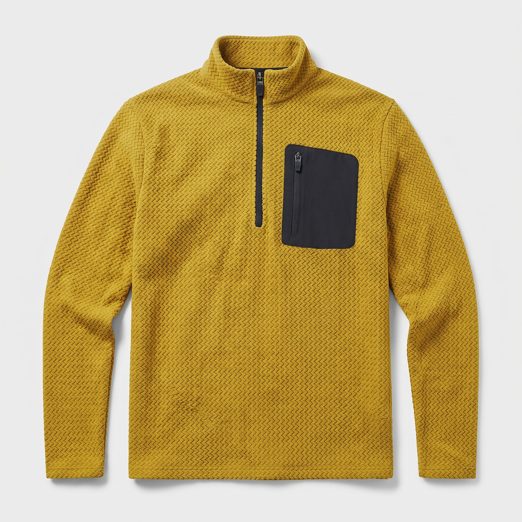 Mustard men's quarter zip fleece with textured knit and zip chest pocket