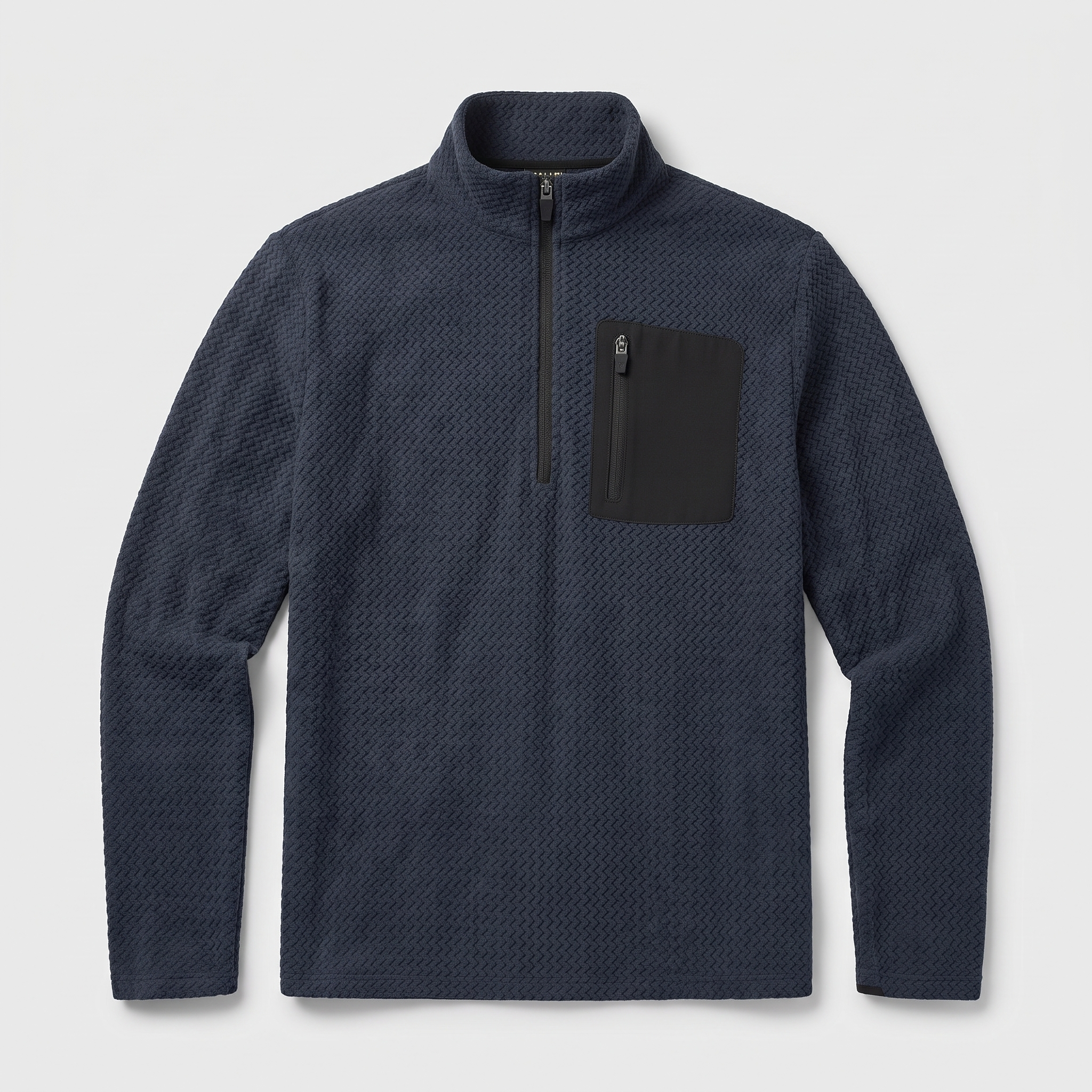 Navy men's quarter zip fleece with textured knit and zip chest pocket