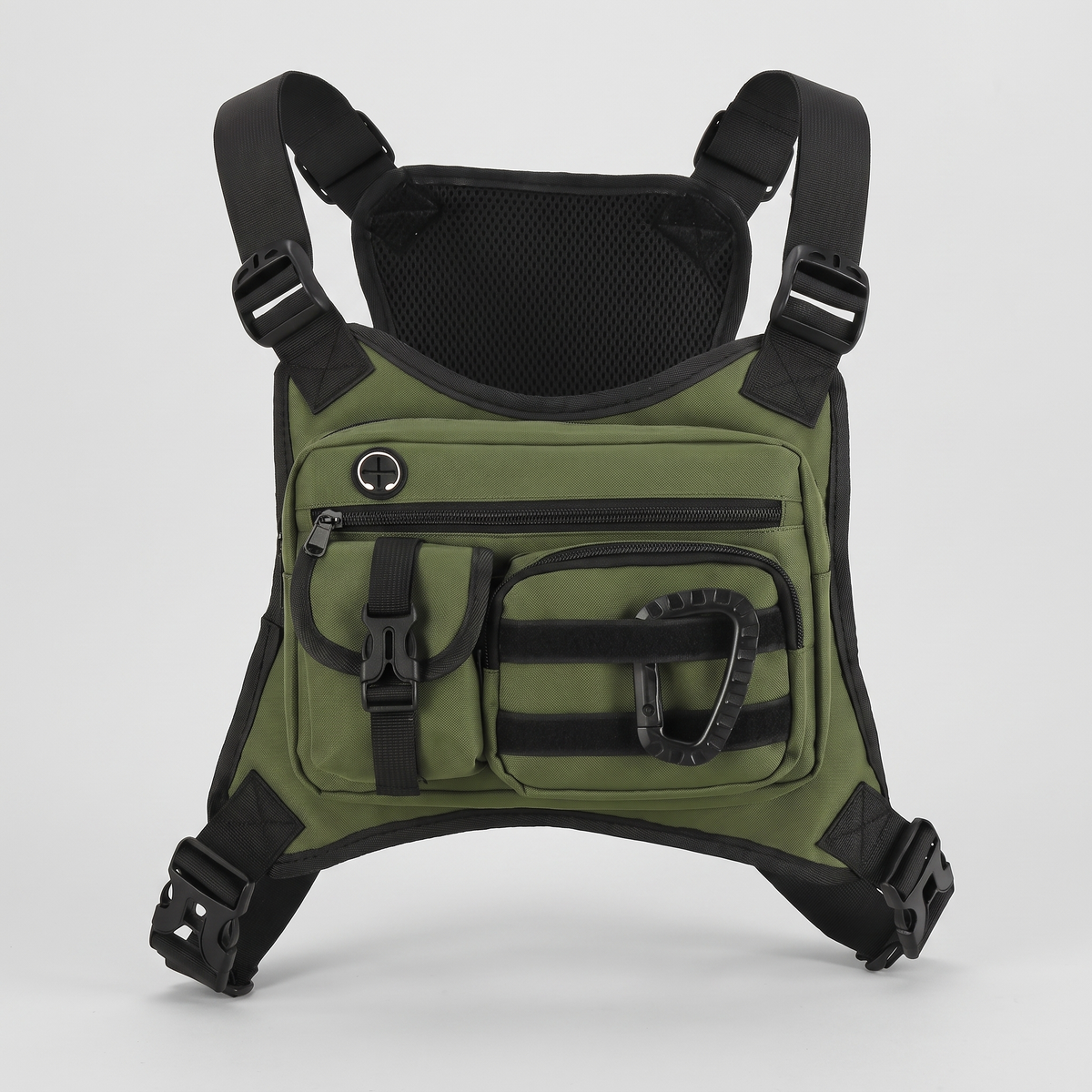Olive green men's chest bag with four pockets and adjustable straps