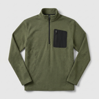 Olive green men's quarter zip fleece with textured knit and zip chest pocket