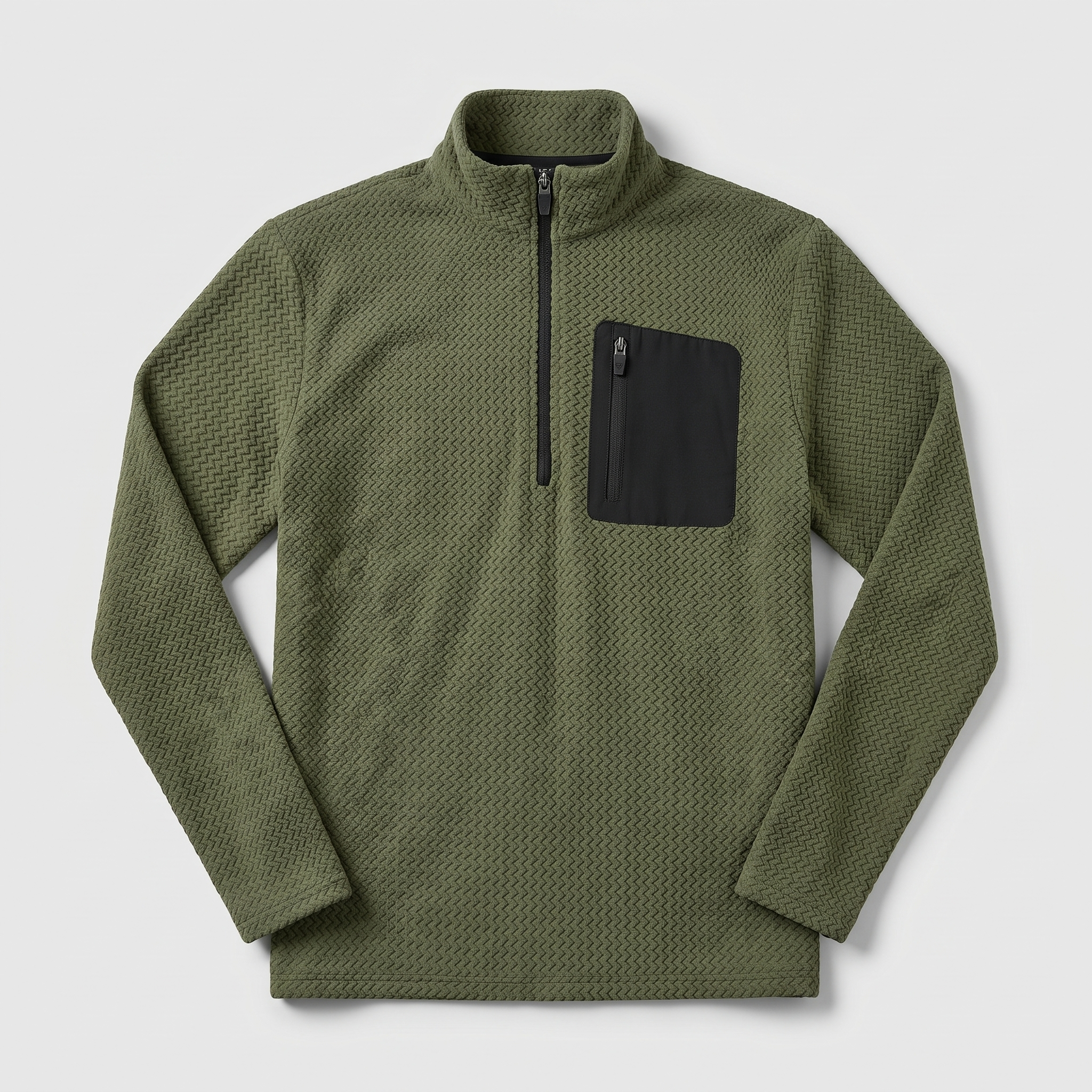 Olive green men's quarter zip fleece with textured knit and zip chest pocket