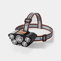 5 LED rechargeable head torch with a grey and orange elastic headband and top strap, front three-quarter view