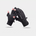 Black flip finger touchscreen winter gloves, thumb and index fingertip caps folded back, zip pocket and grip print palm