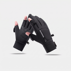 Black flip finger touchscreen winter gloves, thumb and index fingertip caps folded back, zip pocket and grip print palm