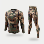 Men's leggings and long sleeve top set in Green Camouflage, crew neck base layer top and full-length leggings with a SPORT logo waistband
