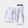 Men's long johns set in white, long-sleeve crew neck base layer top and full-length leggings with a dark grey lettered waistband