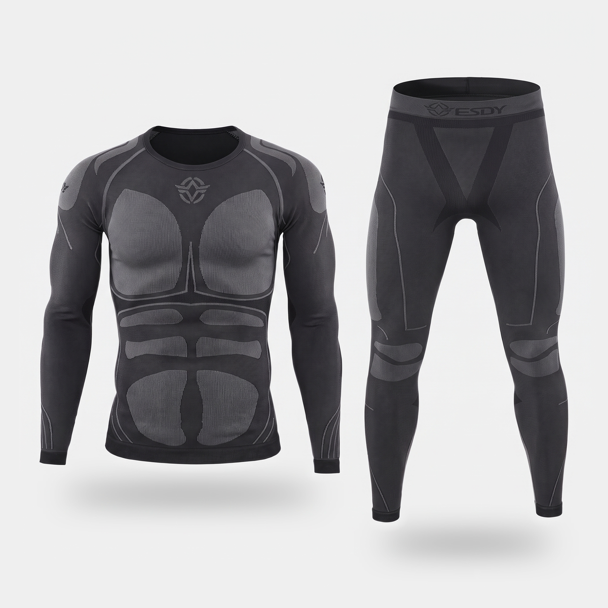 Men's ski base layer set in Black, knitted long sleeve crew neck top and full-length leggings with an ESDY logo waistband