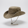 Wide brim sun hat in Khaki washed cotton, three-quarter view with chin cord