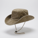 Wide brim sun hat in Khaki washed cotton, three-quarter view with chin cord