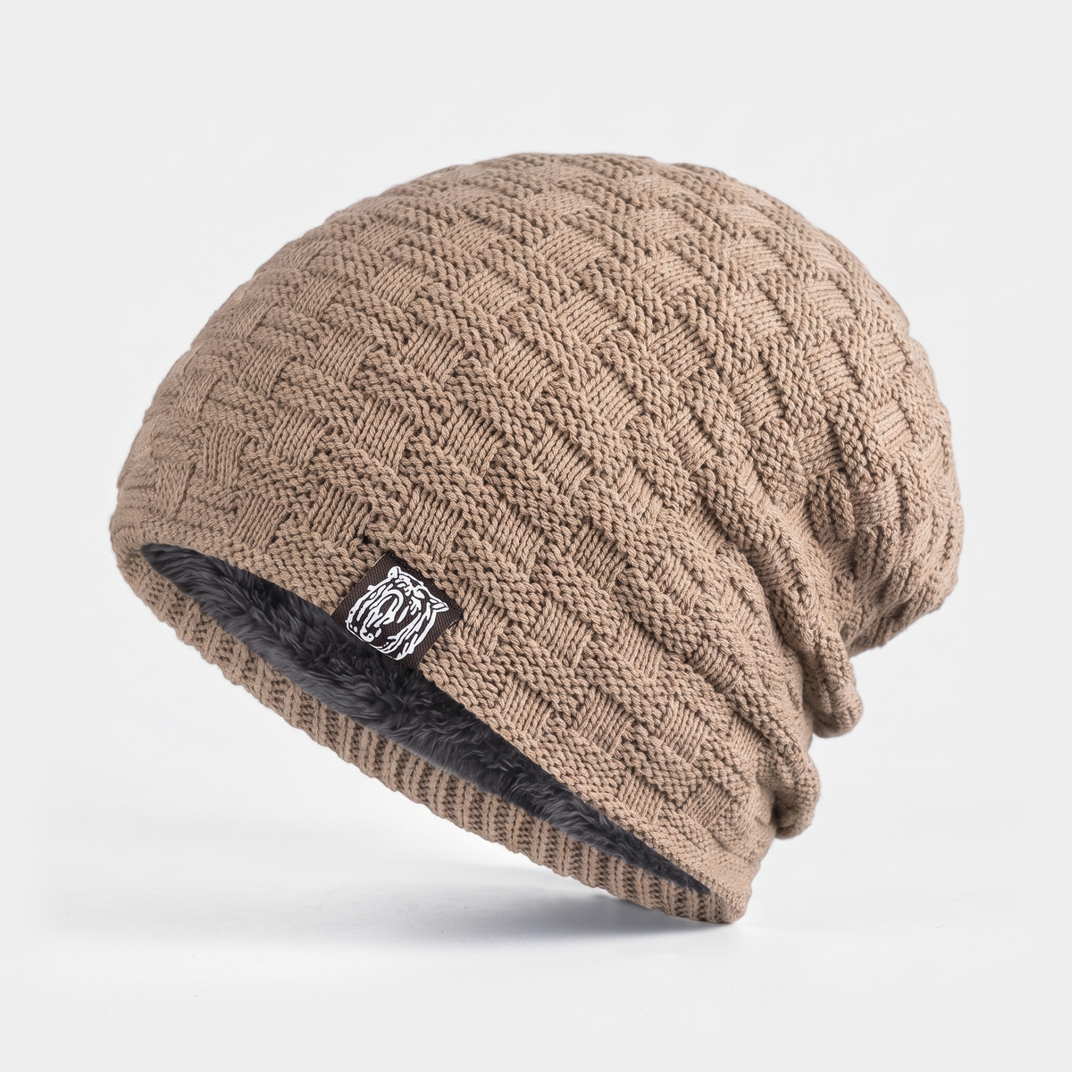 Men's fleece lined slouchy beanie in khaki