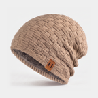 Men's slouchy beanie in khaki with a leather tab