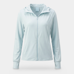 Women's zip-up sun hoodie in light blue, front view on an invisible mannequin