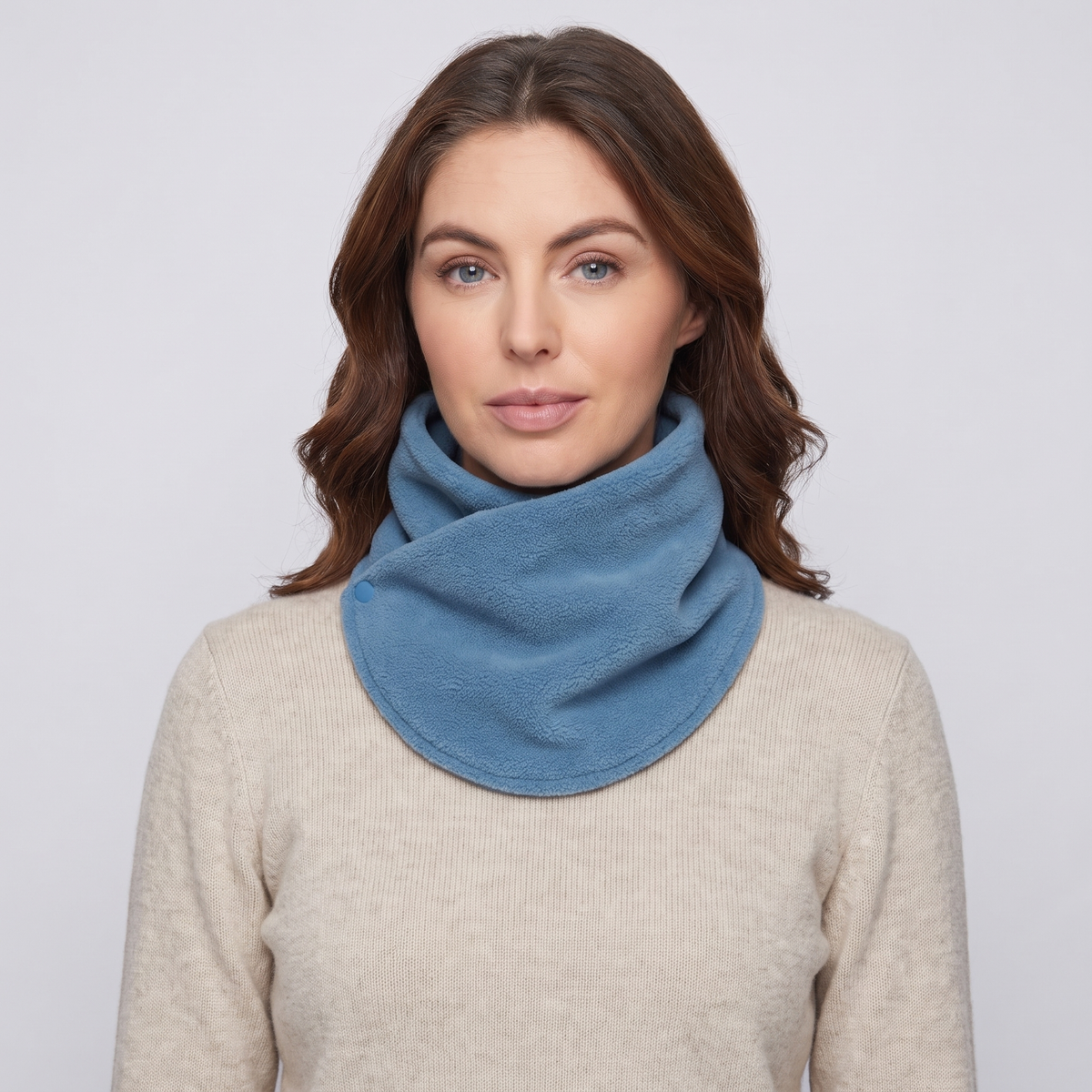Fleece Snood neck warmer in Light Blue, front view worn