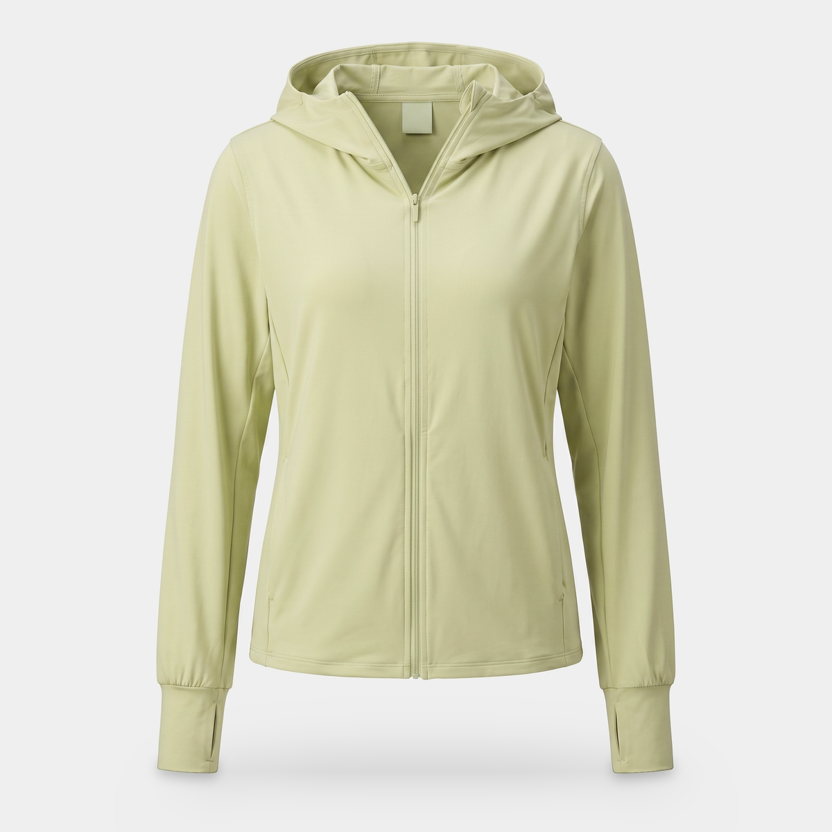 Women's zip-up sun hoodie in light green, front view on an invisible mannequin