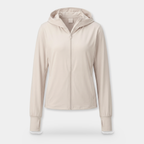 Women's zip-up sun hoodie in light grey, front view on an invisible mannequin