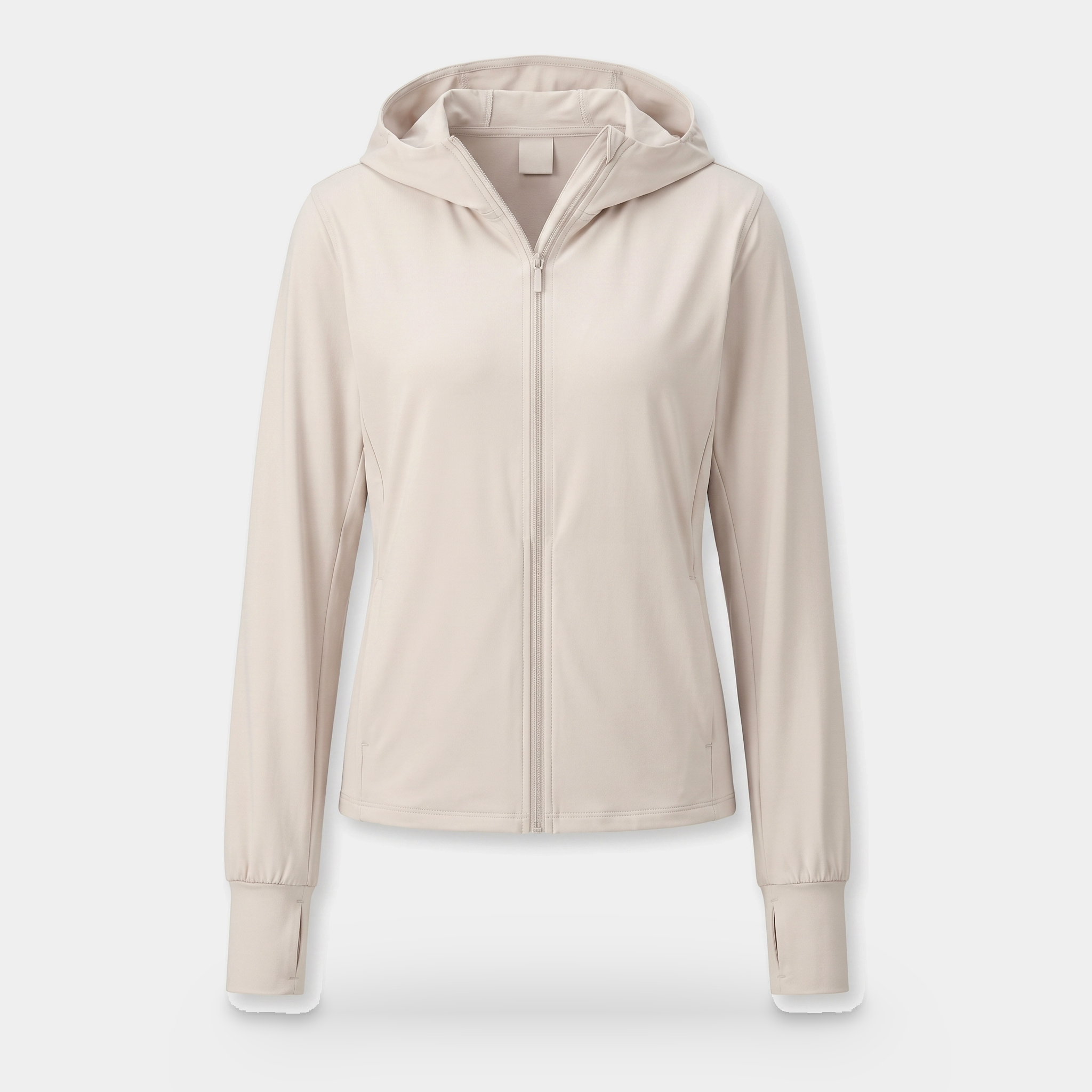 Women's zip-up sun hoodie in light grey, front view on an invisible mannequin