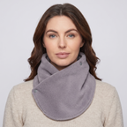 Fleece Snood neck warmer in Light Grey, front view worn