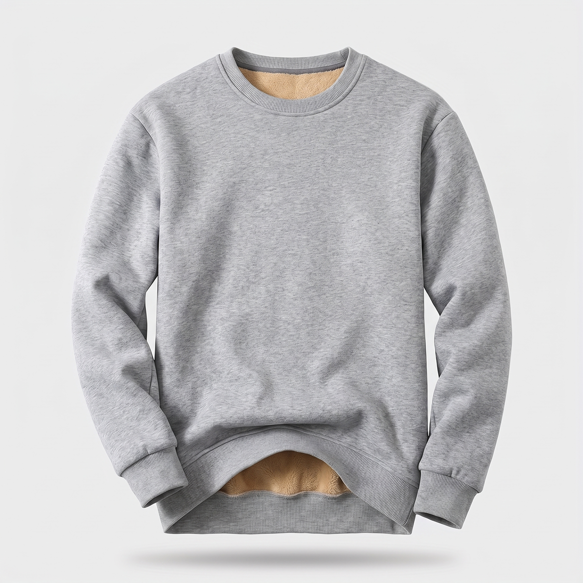Men's crew neck sherpa jumper in light grey - front view ghost mannequin