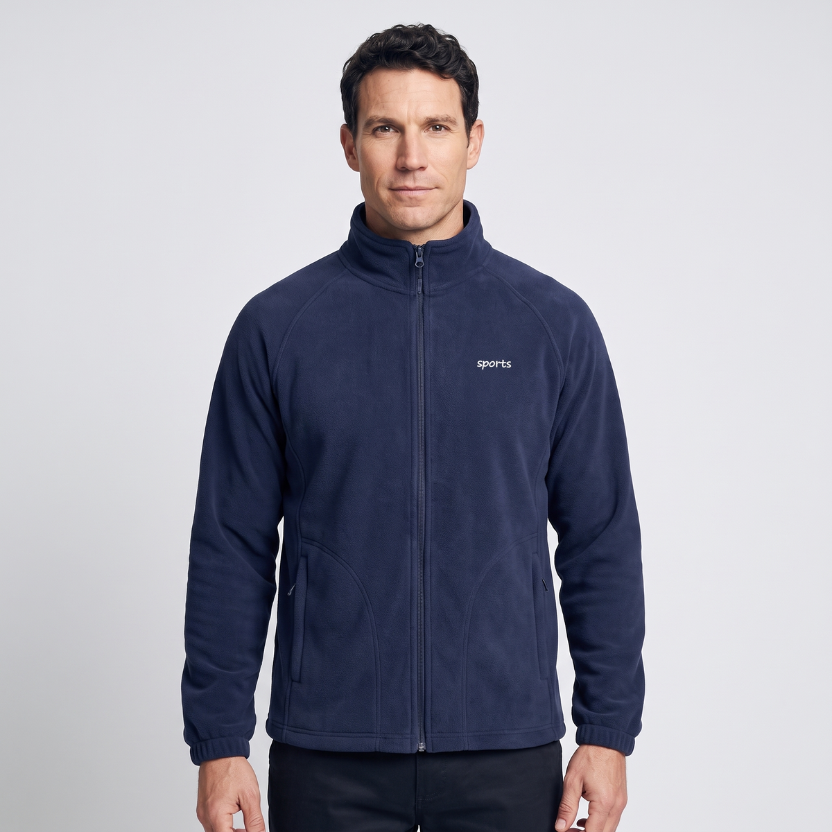 Men's Zip Up Fleece in Navy Blue, worn, front view