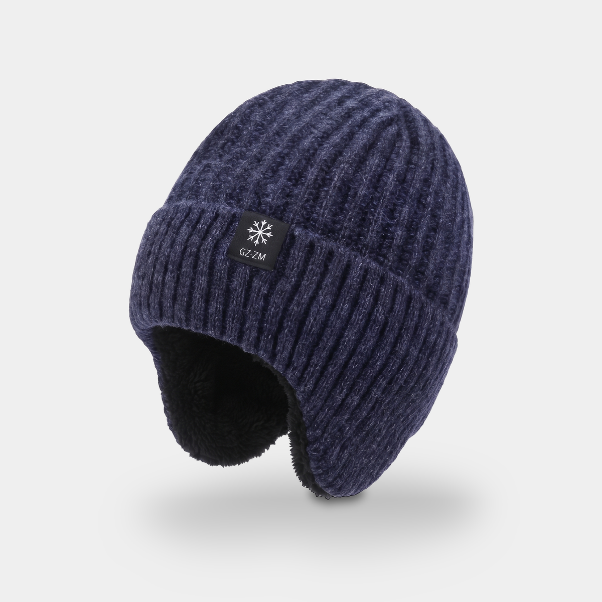 Men's winter hat in navy, knitted rib with turn-up cuff and ear flaps, fleece lined