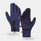 Winter cycling gloves in Navy, back and palm, touchscreen fingertips, zip cuff and silicone grip palm